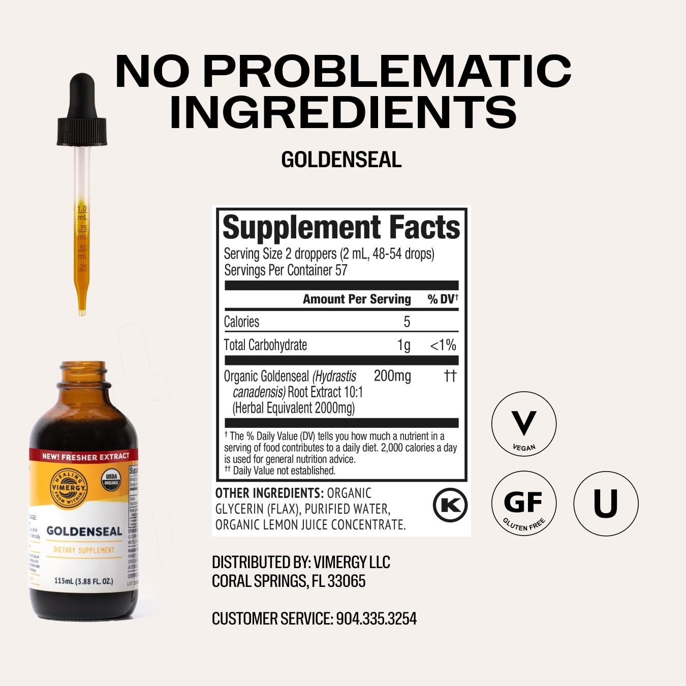 Vimergy Goldenseal tincture label highlights USDA Organic and vegan.