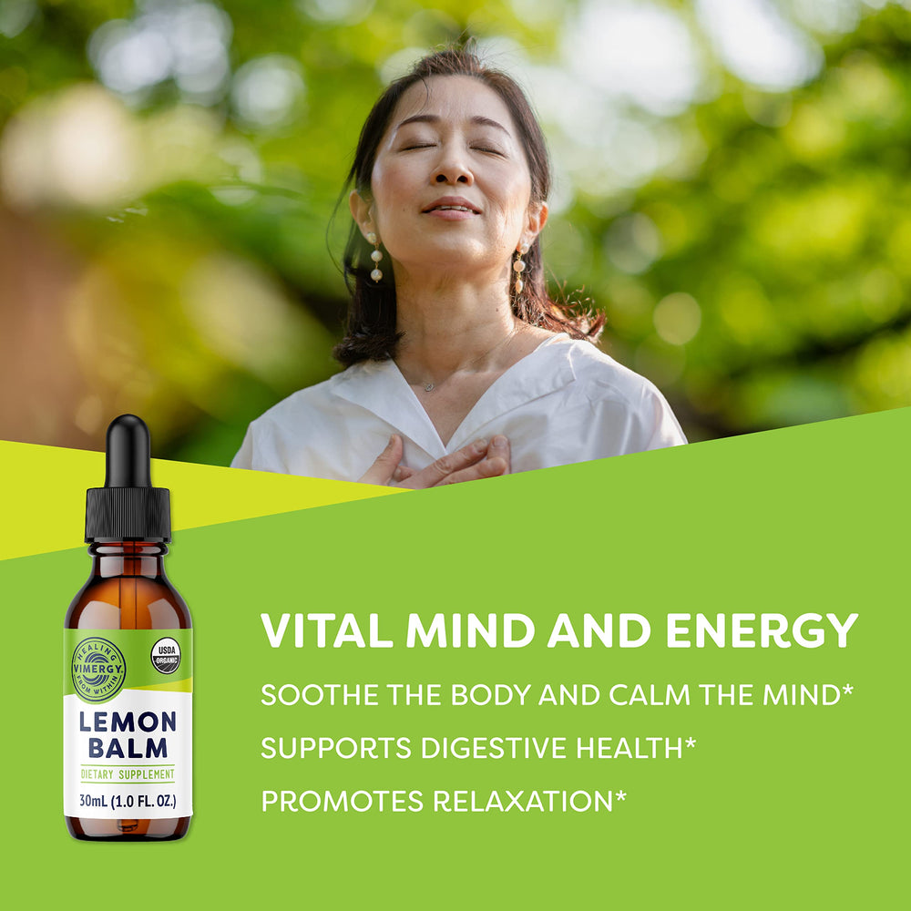 Vimergy Lemon Balm tincture pour into water demonstrating quick absorption