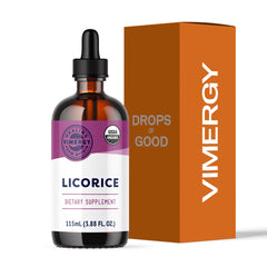 Vimergy Licorice liquid bottle promoting digestive support for daily use.