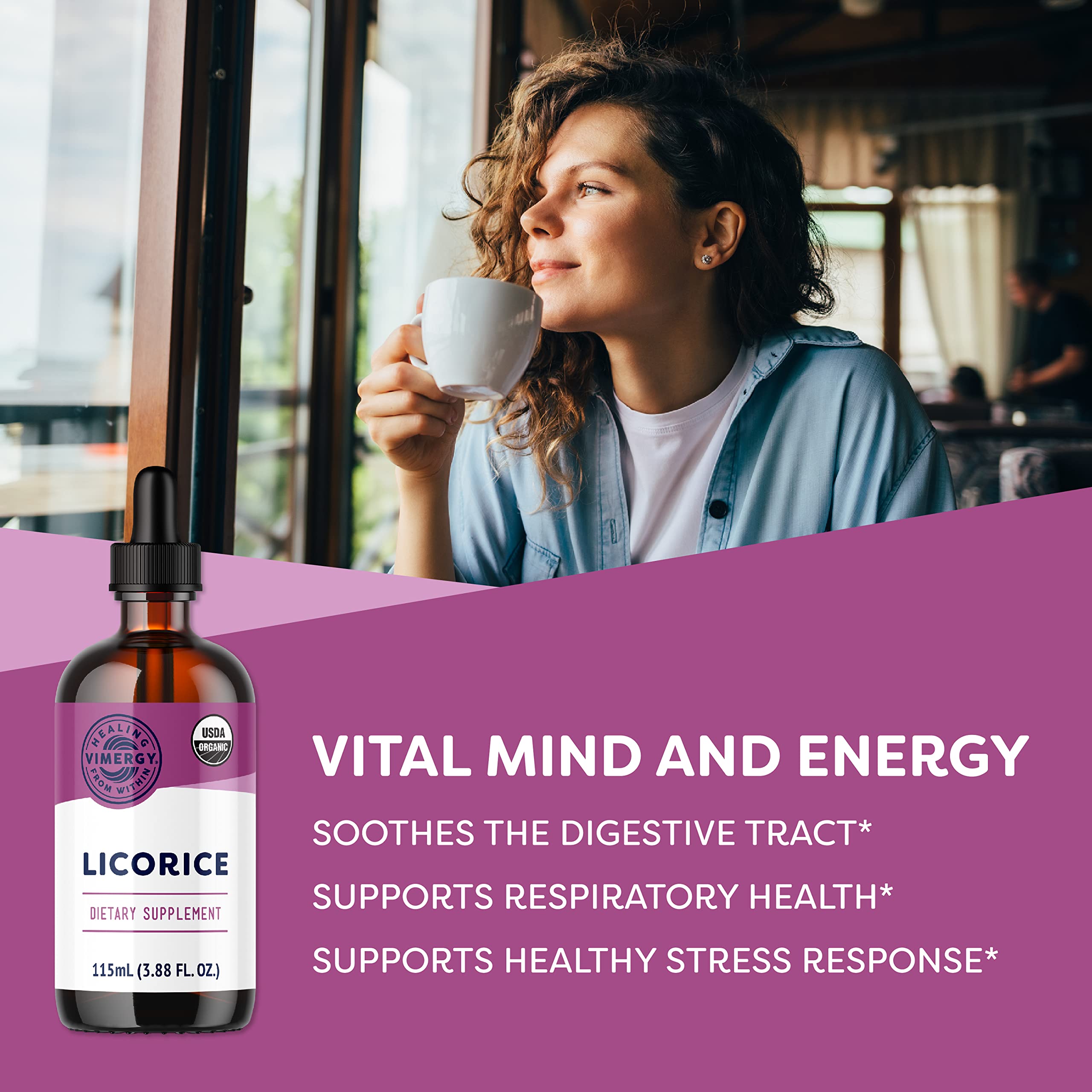 Vimergy Licorice liquid bottle highlighting throat soothing use for respiratory comfort.