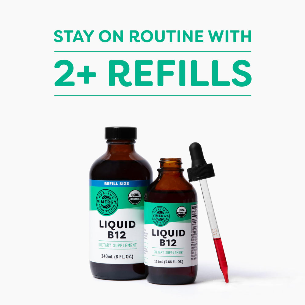 Vimergy Liquid B12 drops added to juice for easy intake