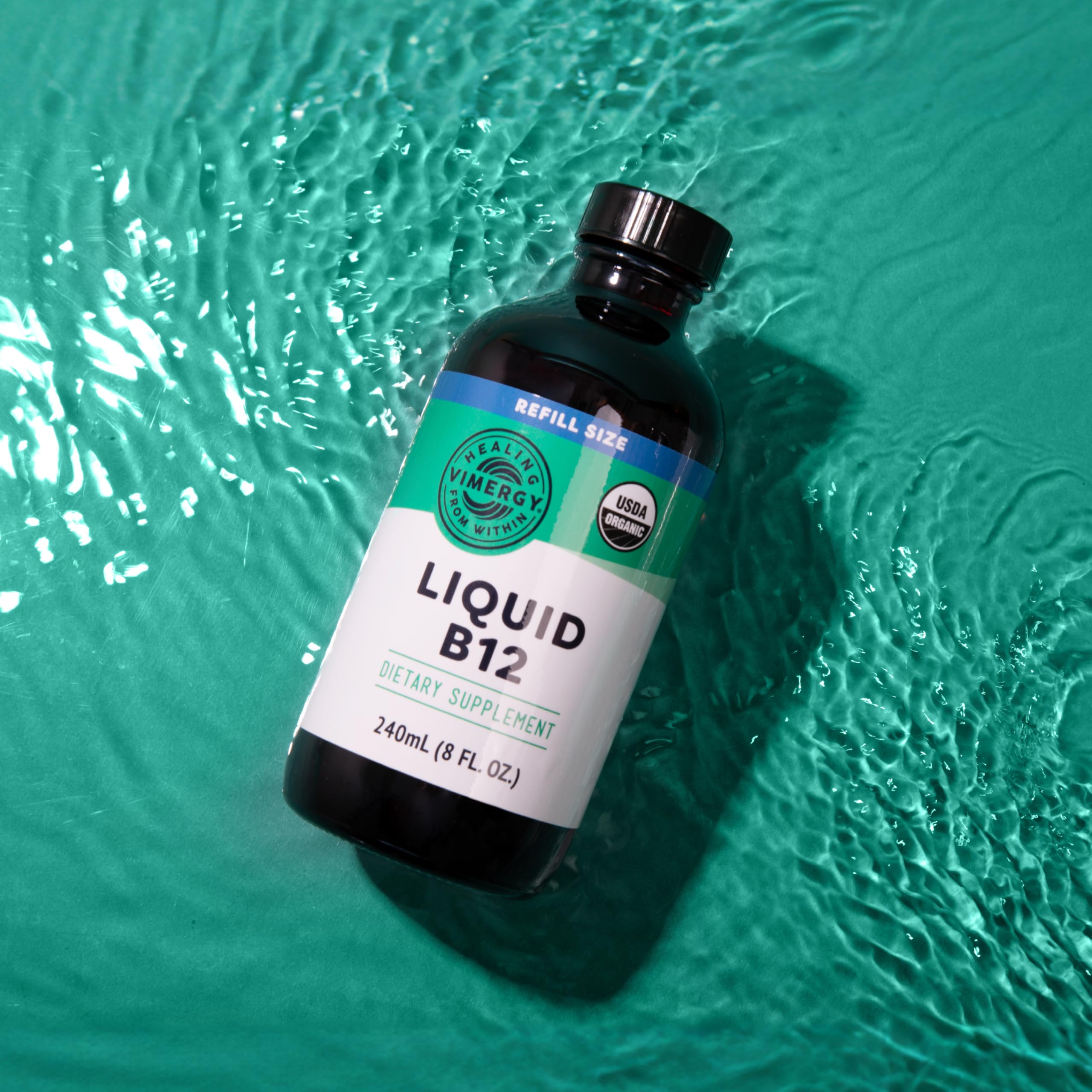 Vimergy Liquid B12 organic, non-GMO certification on packaging