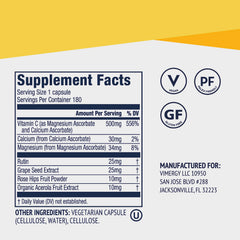 Vimergy Micro-C bottle label detail highlights vitamin C content and dietary attributes