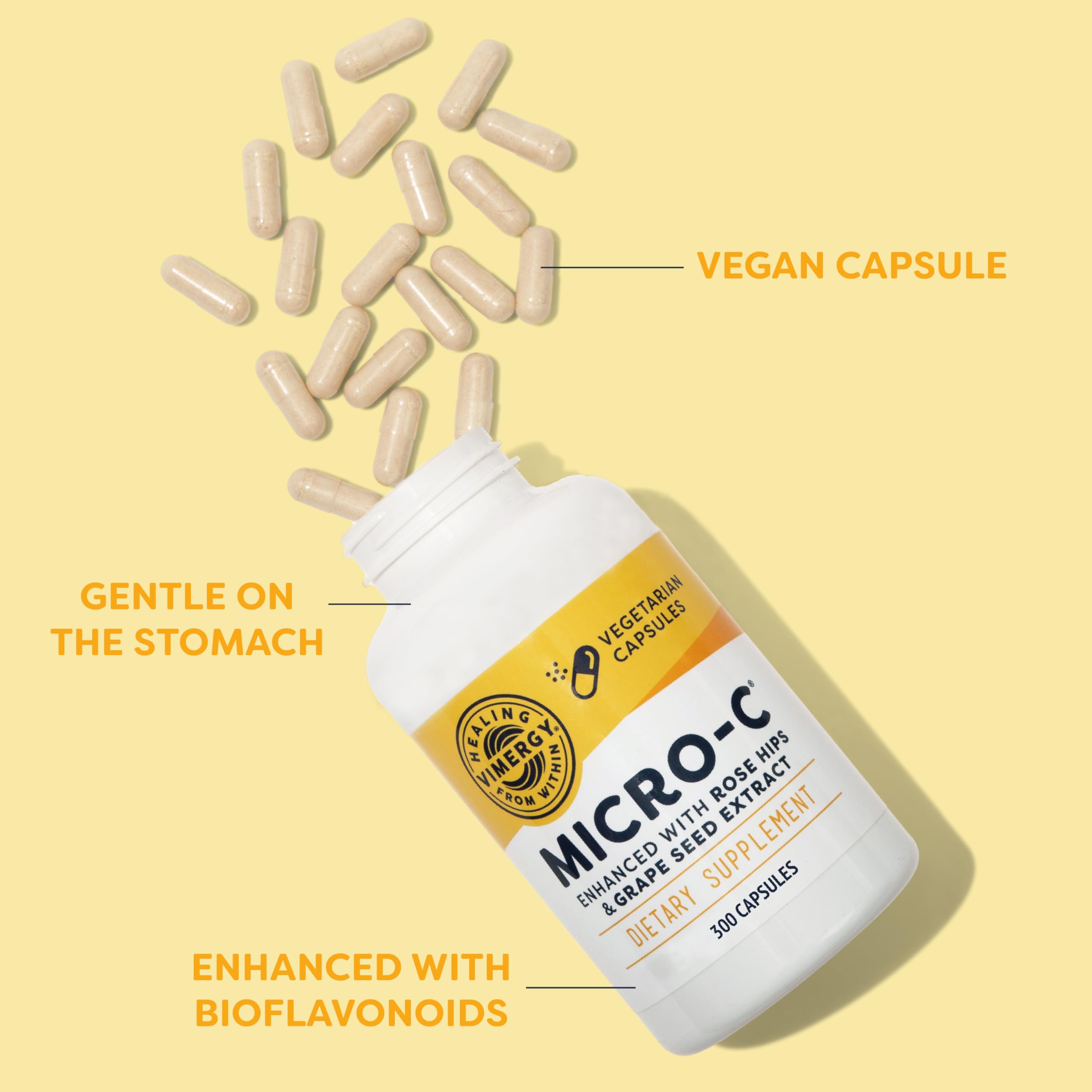 Bottle side label highlights vegan, kosher, gluten-free claims and 300-capsule value size