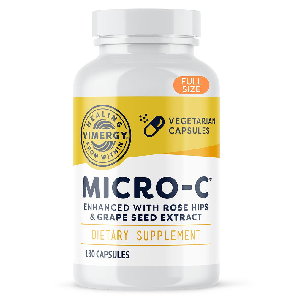 Vimergy Micro-C bottle front with high-potency vitamin C capsules for daily immune support.