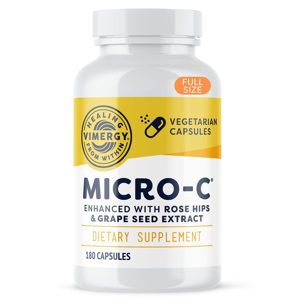 Vimergy Micro-C bottle front with high-potency vitamin C capsules for daily immune support.