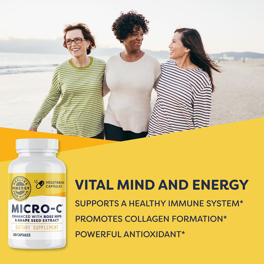 Vimergy Micro-C capsules close-up highlighting buffered formula for gentle digestion.