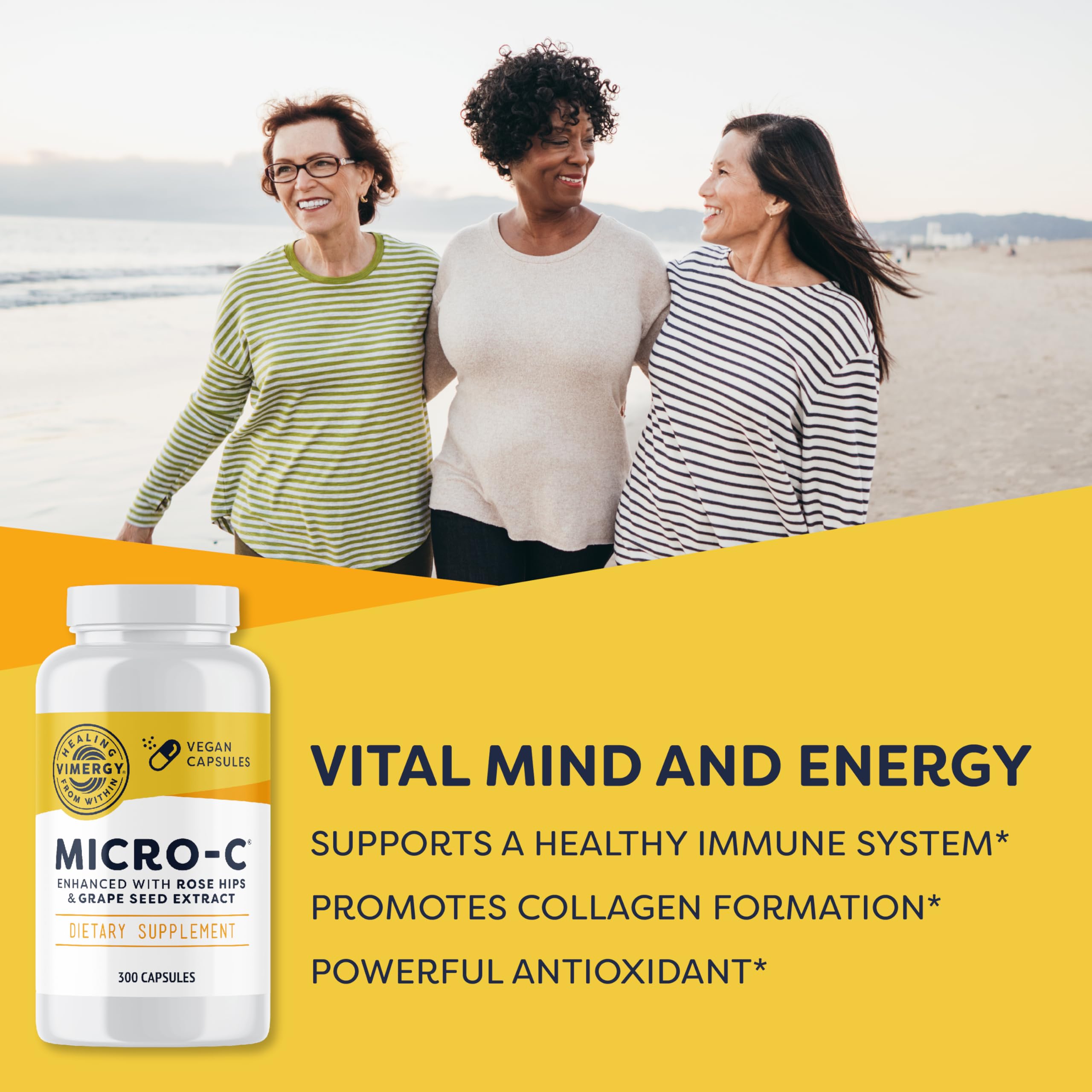Pouring Vimergy Micro-C capsules into a glass, easy to swallow buffered vitamin C