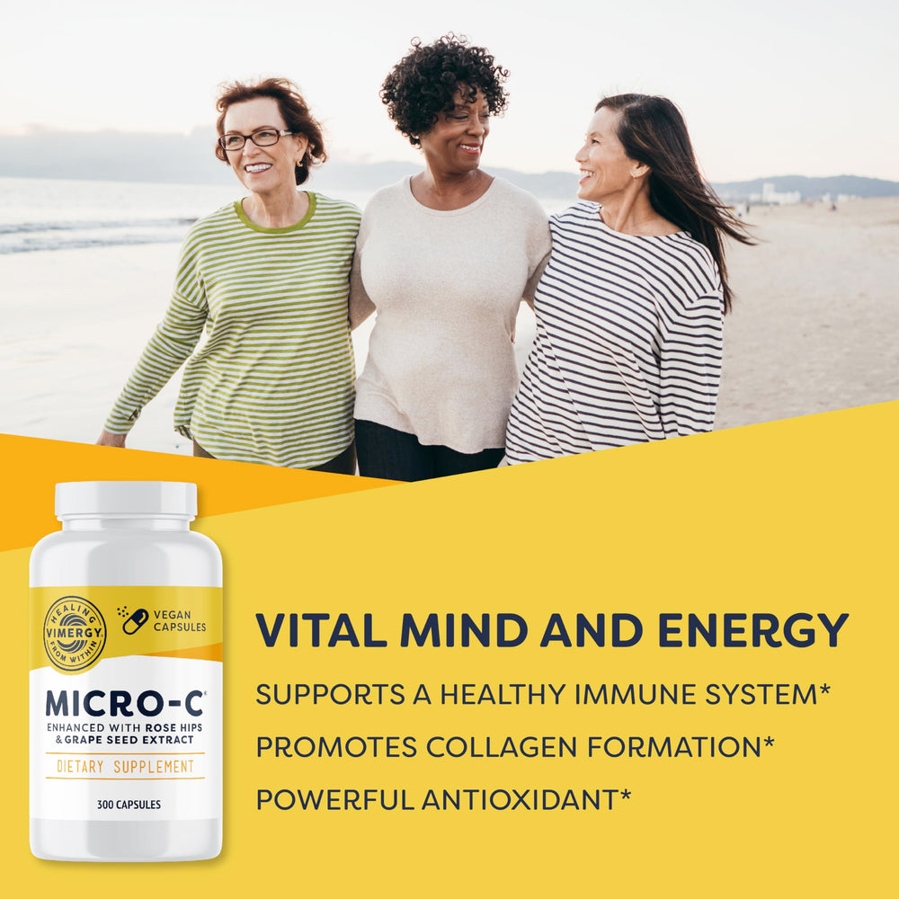 Pouring Vimergy Micro-C capsules into a glass, easy to swallow buffered vitamin C