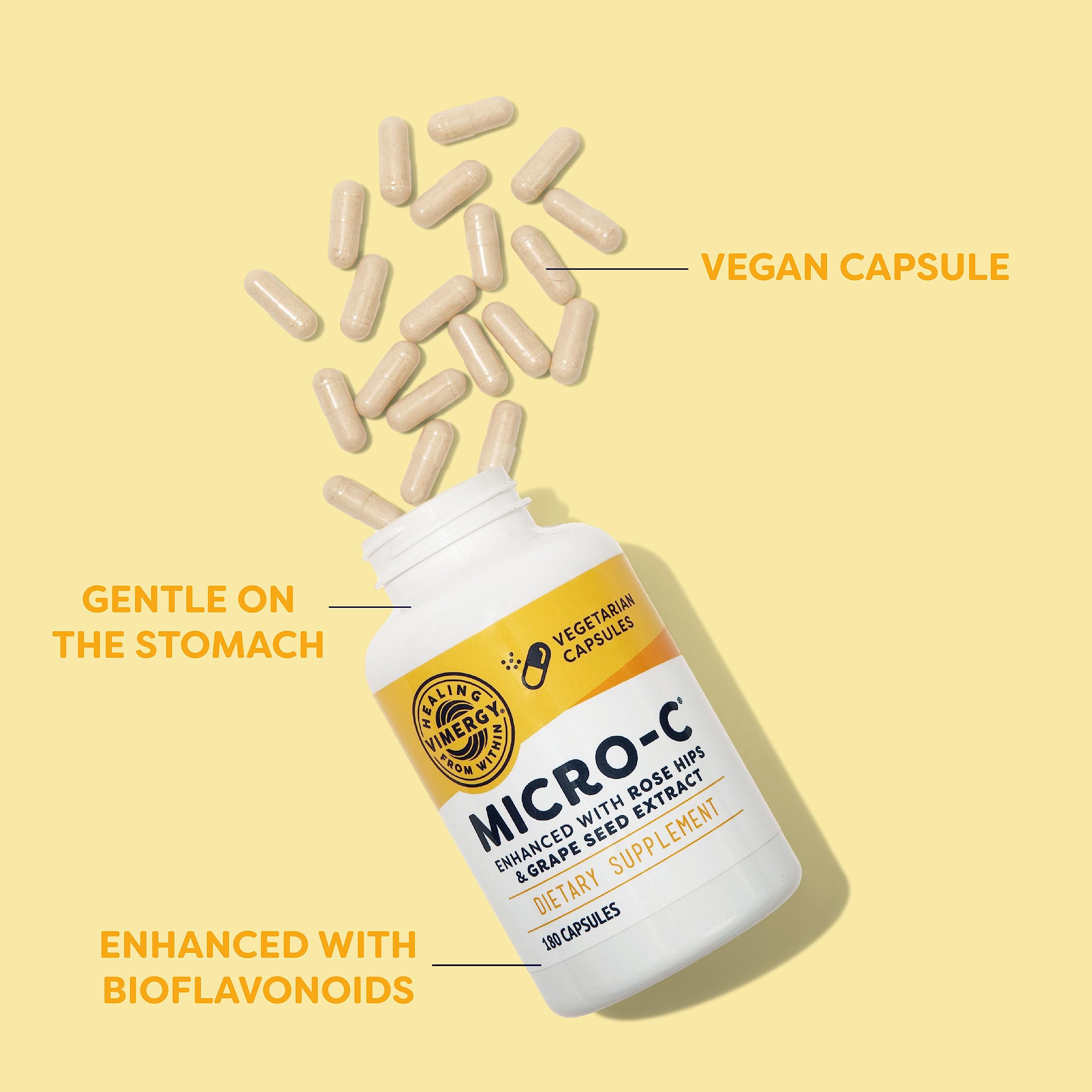 Vimergy Micro-C capsules pouring from bottle for easy daily use.