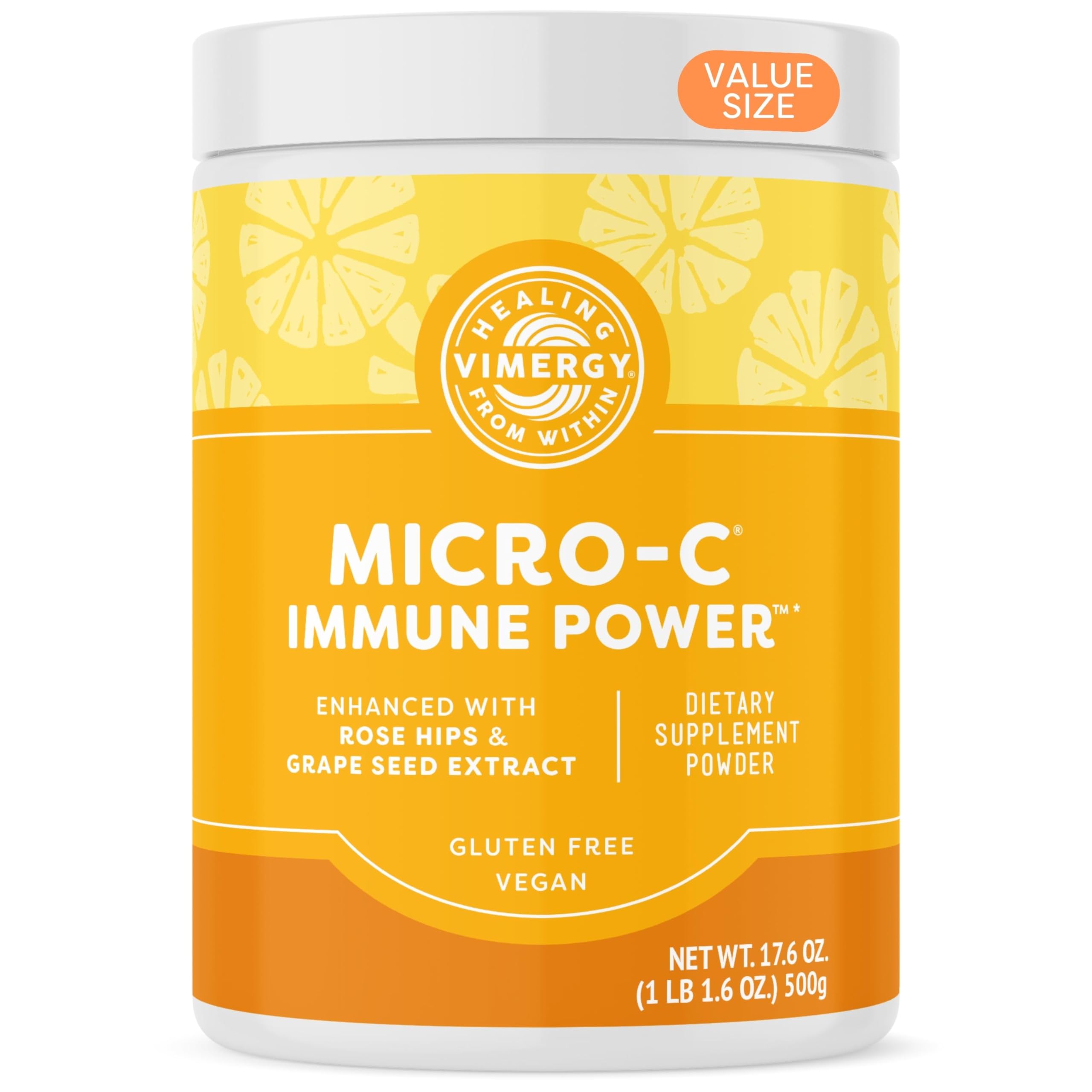 Vimergy Micro-C Immune Power powder in a jar with a scoop for easy daily immune support.