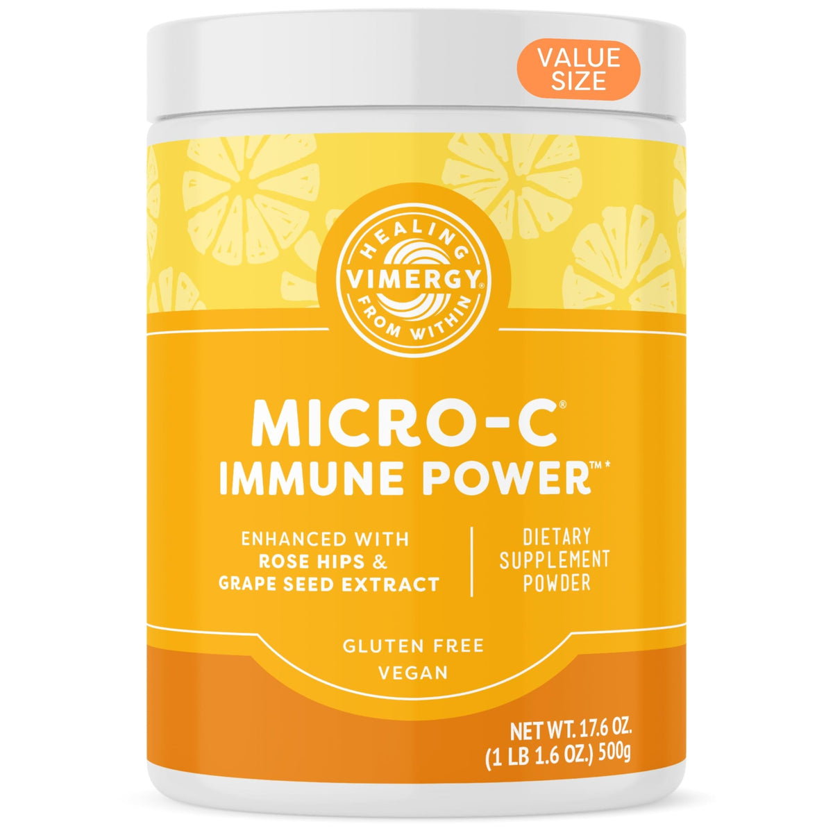 Vimergy Micro-C Immune Power powder in a jar with a scoop for easy daily immune support.