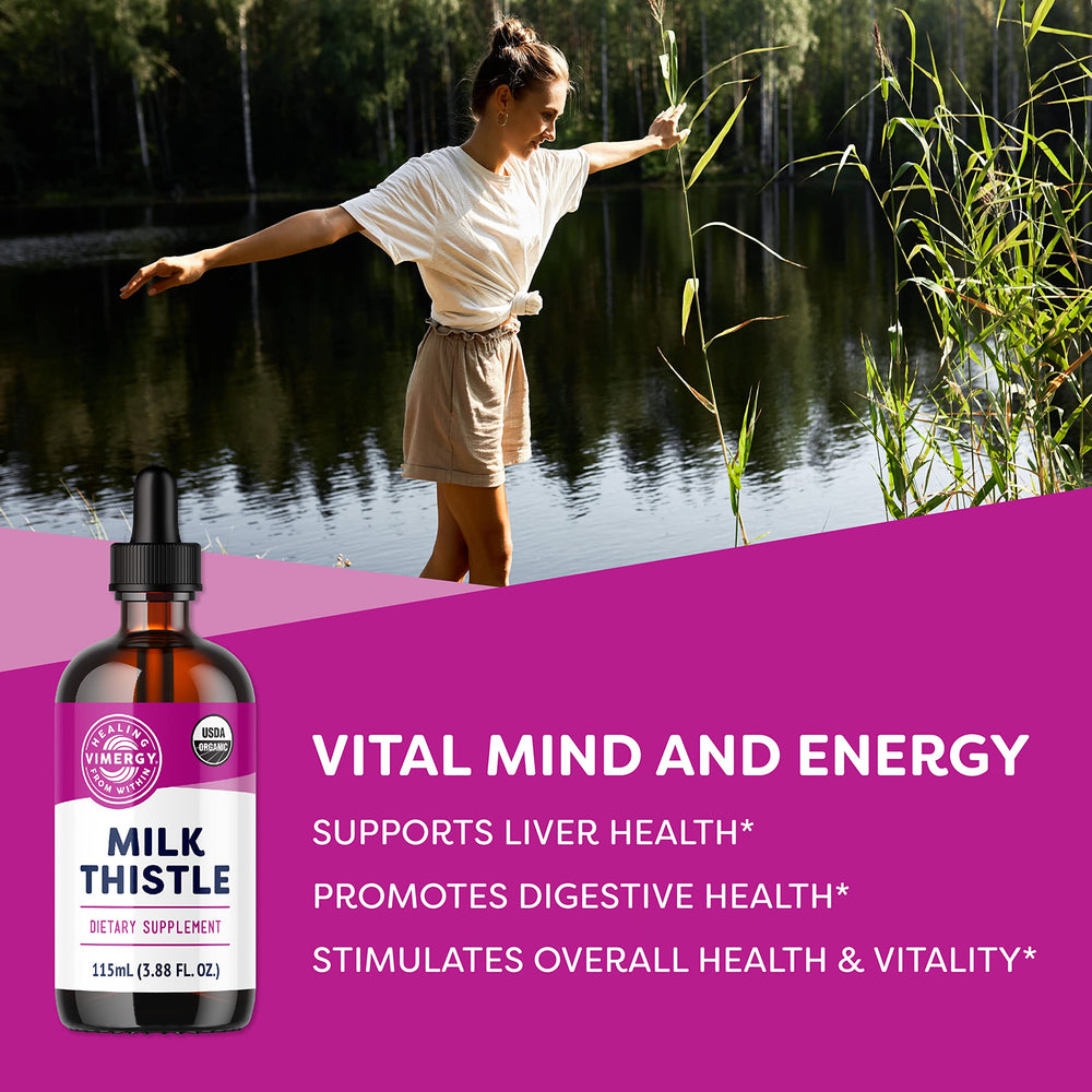 Pouring Vimergy Milk Thistle liquid into a glass for easy daily use.