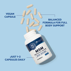 Vimergy MSM ingredients label focuses on OptiMSM, silica, and calcium.