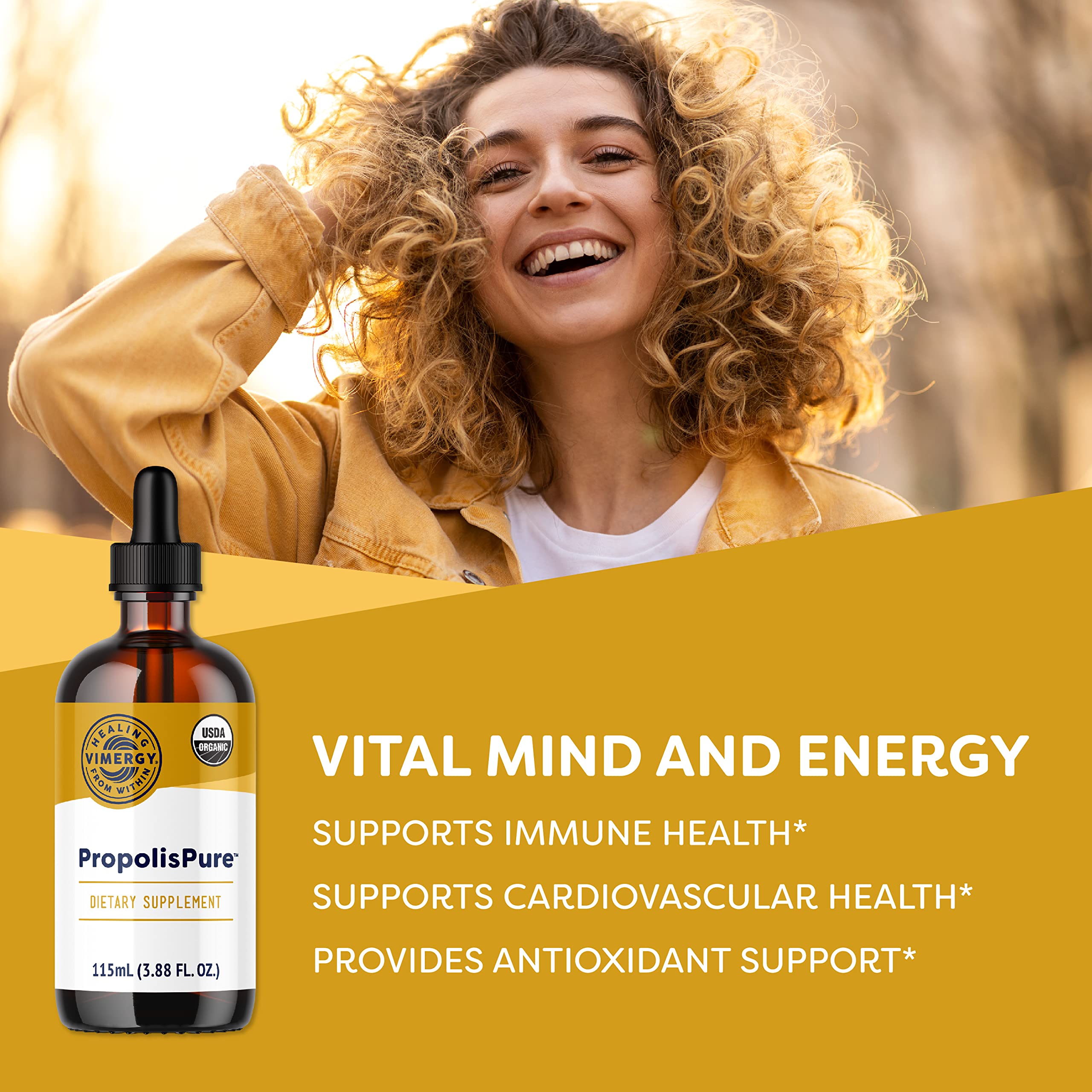 Vimergy PropolisPure label closeup emphasizing organic purity and polyphenol content