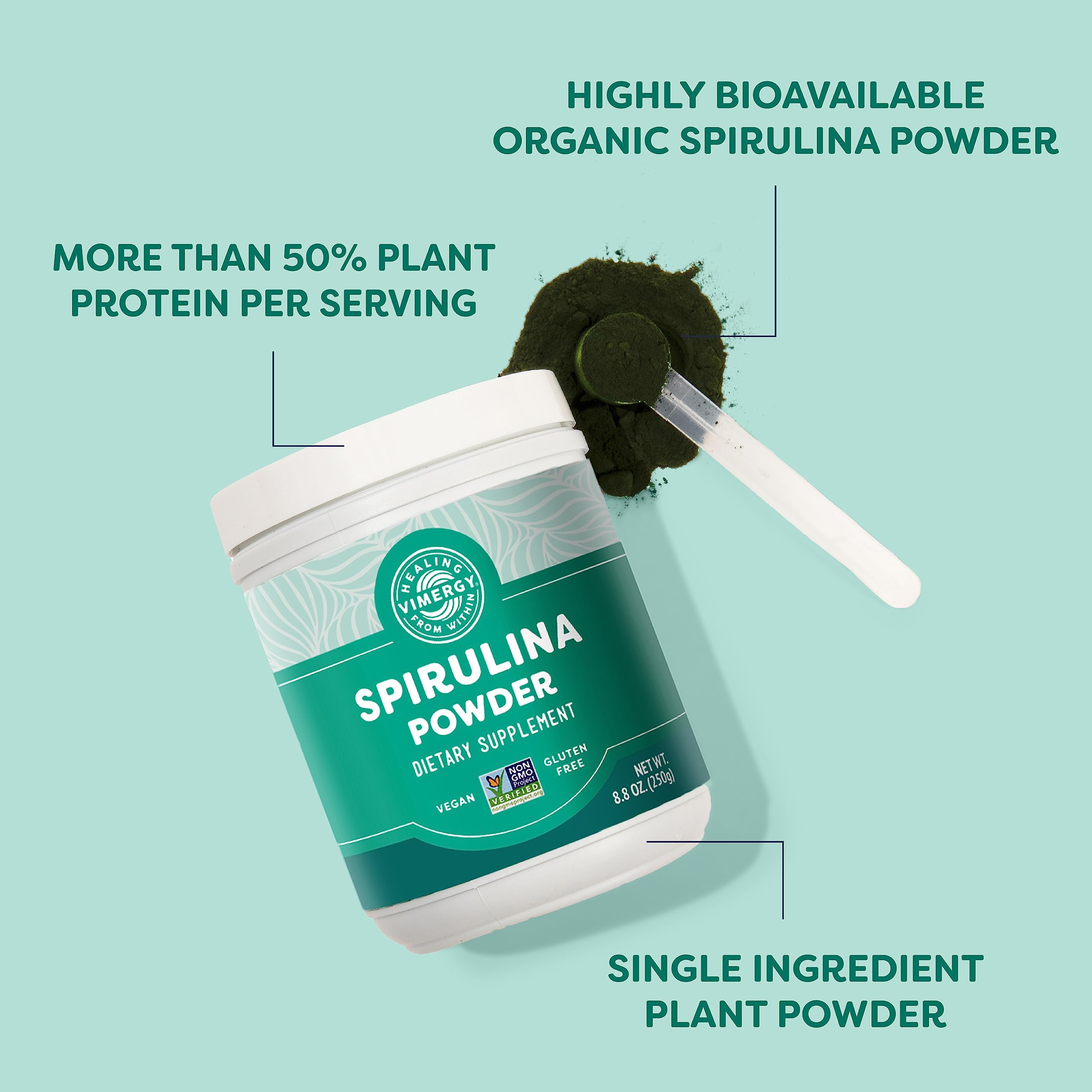 Scoop of Vimergy Spirulina in water for quick nutrition.