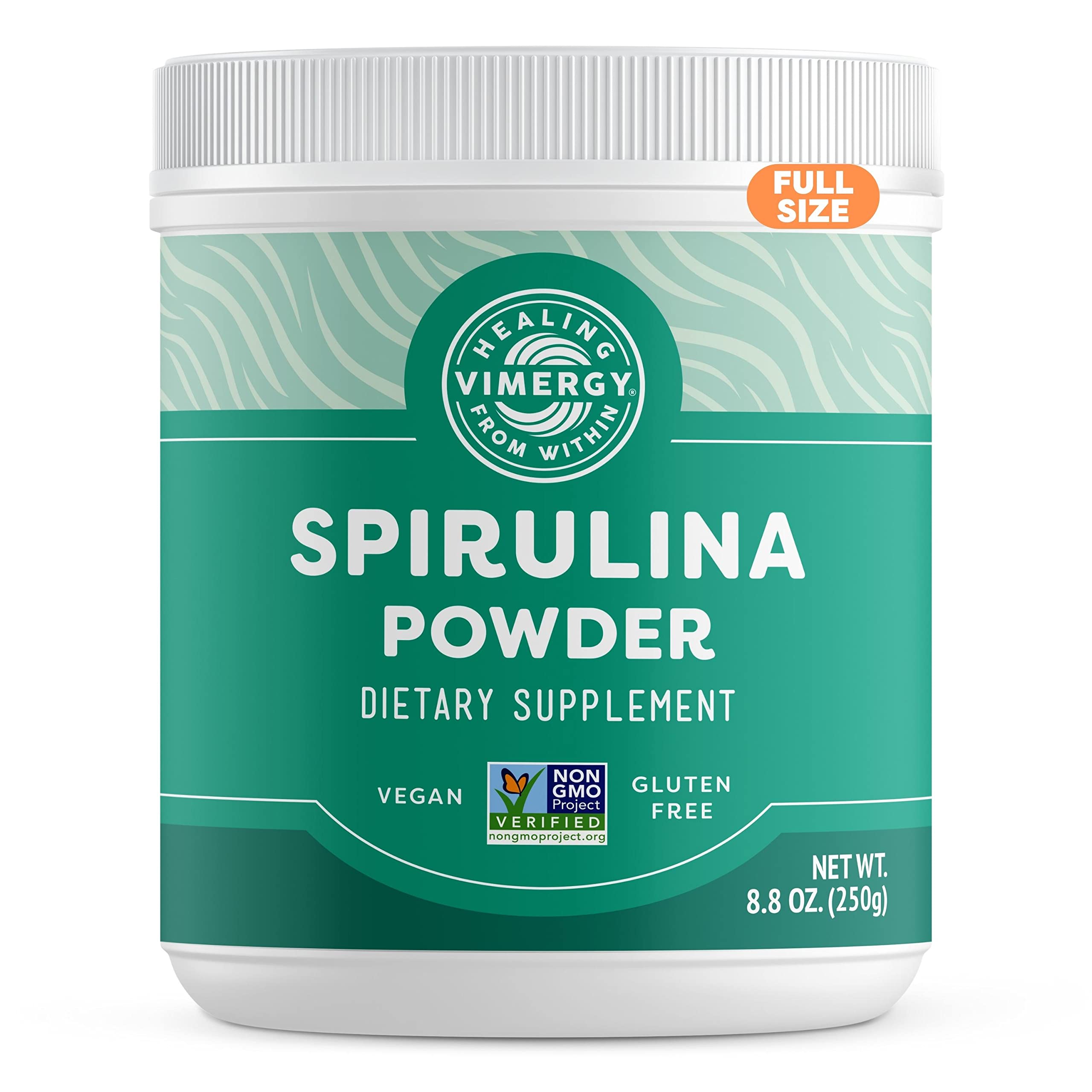Vimergy Spirulina powder tub front, protein-rich green powder.