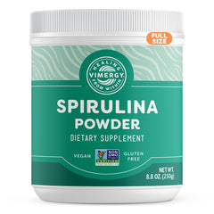 Vimergy Spirulina powder tub front, protein-rich green powder.