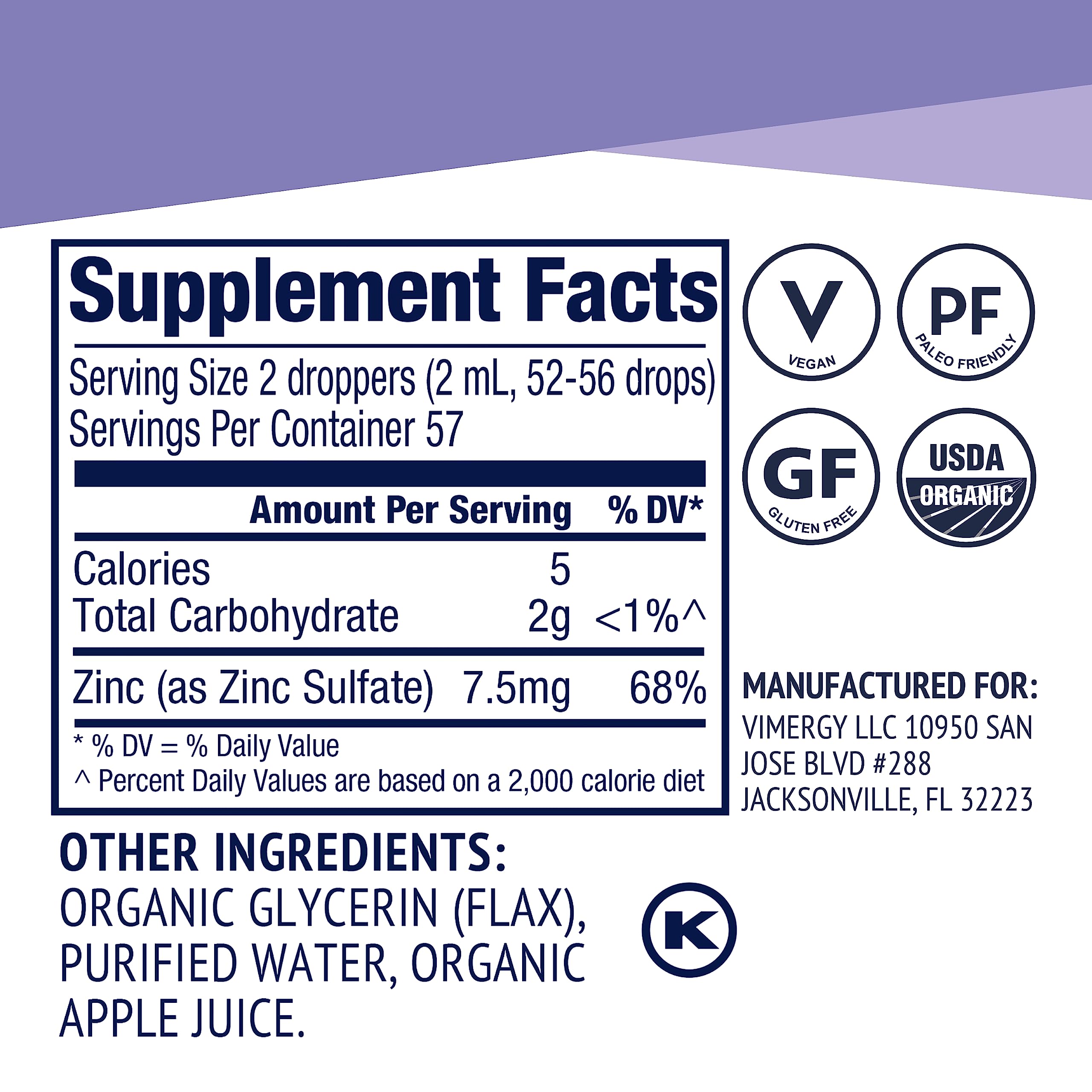 Vimergy Zinc liquid drops ingredient list shows flax glycerin with zinc sulfate.