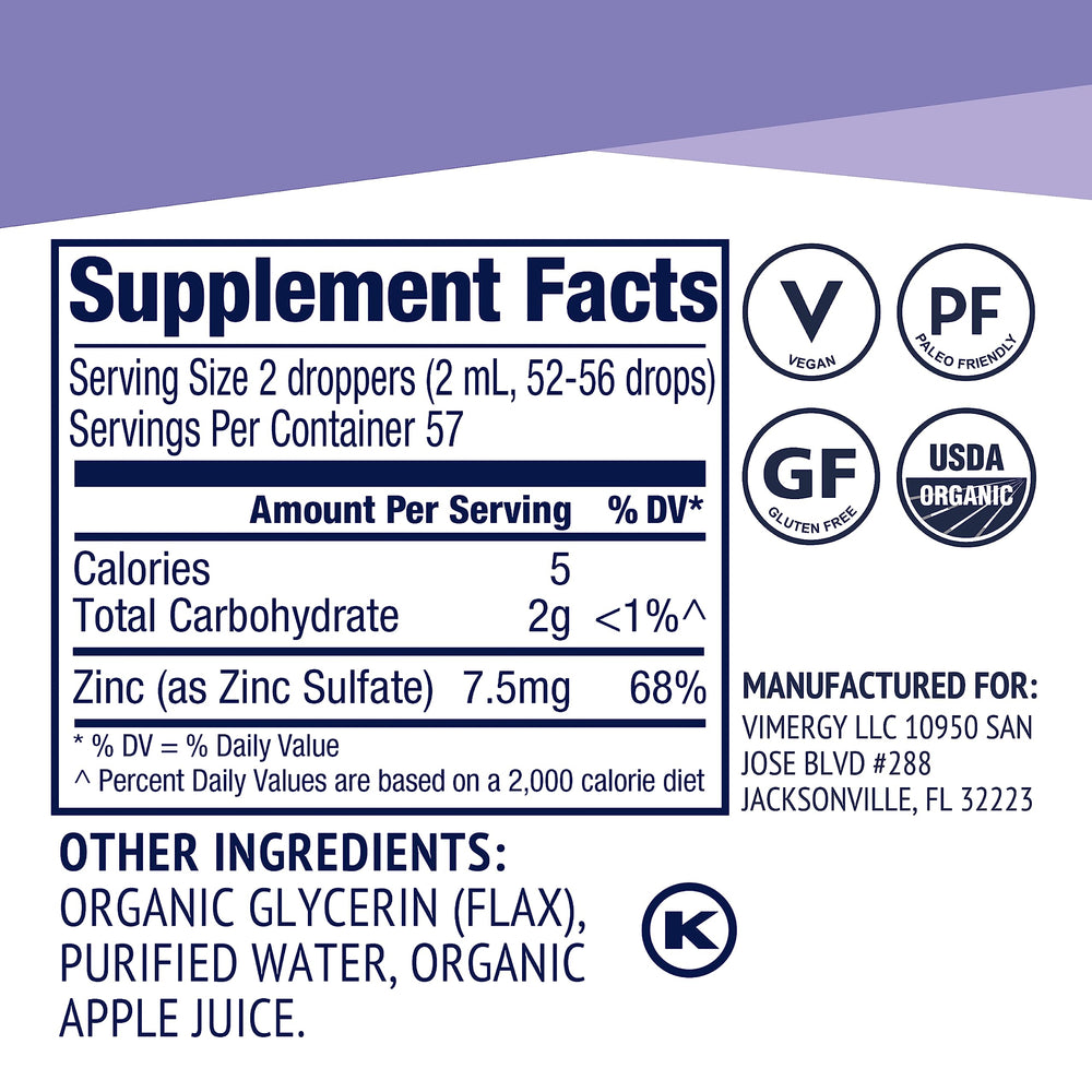 Vimergy Zinc liquid drops ingredient list shows flax glycerin with zinc sulfate.