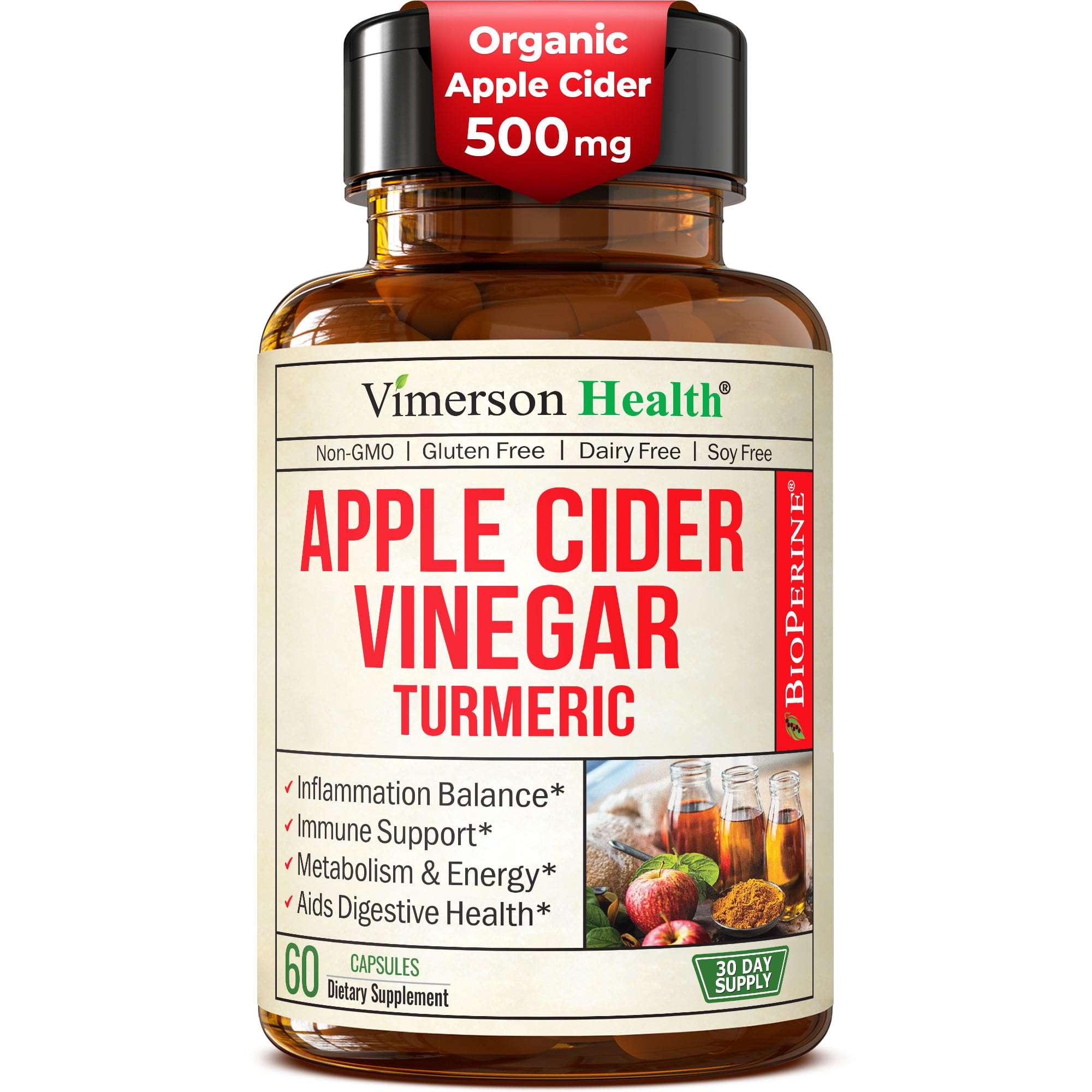 Vimerson Health ACV Turmeric bottle pour shows simple daily intake for digestive balance