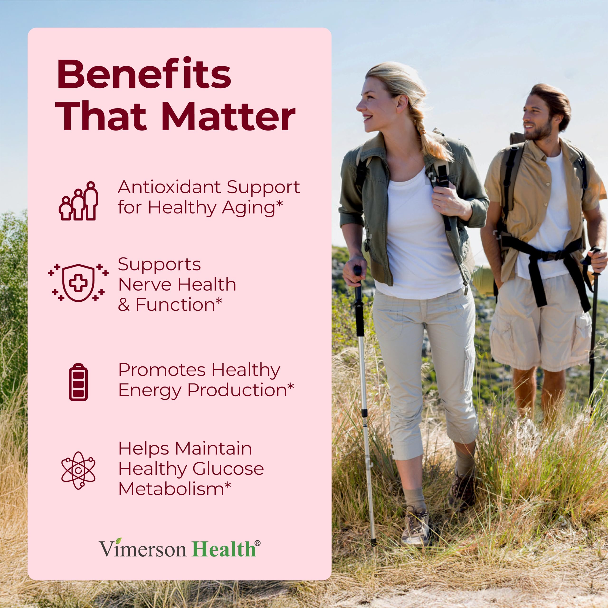 Vimerson Health ALA 650mg capsules close-up showing convenient daily use