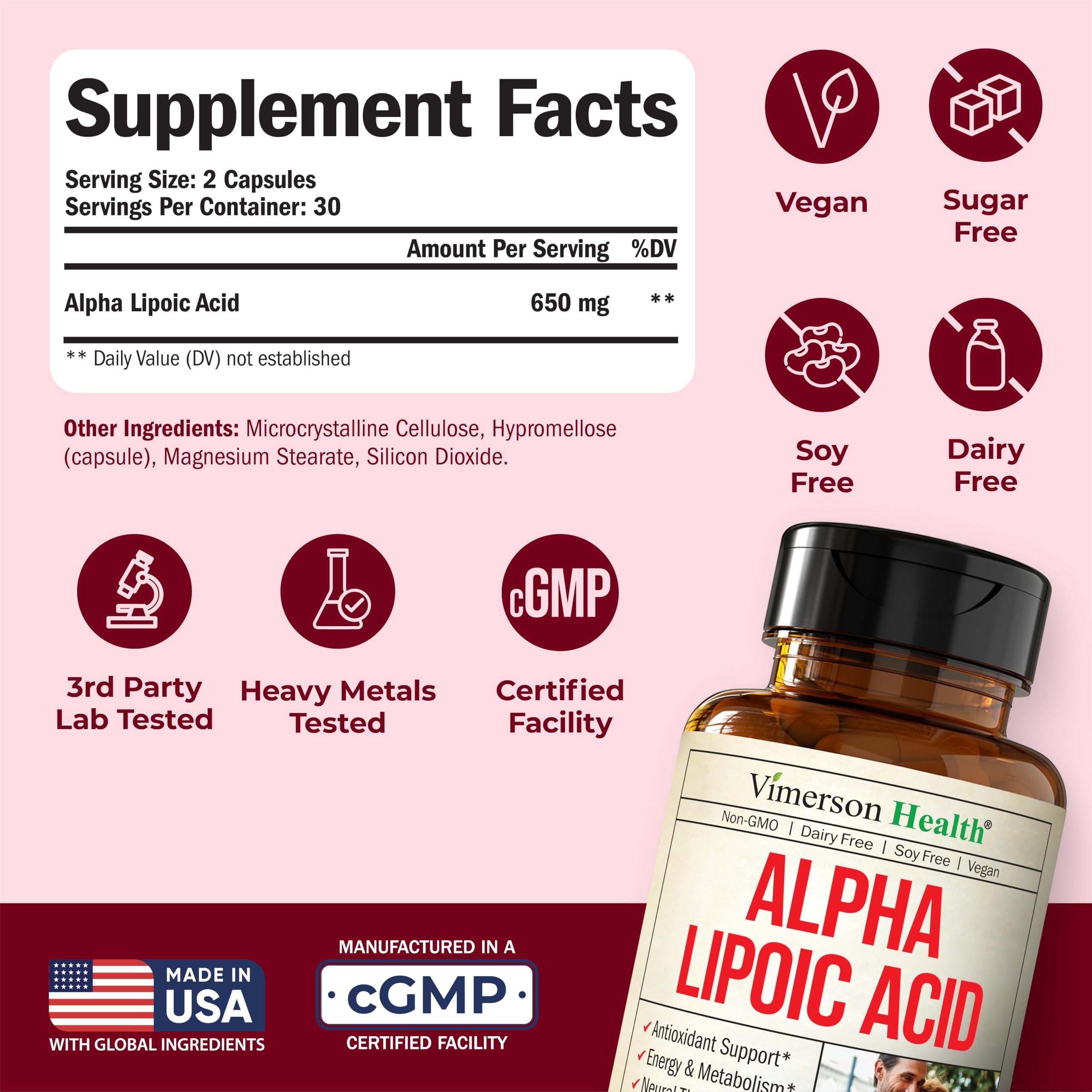 Vimerson Health Alpha Lipoic Acid 650mg label front highlighting vegan non-GMO attributes