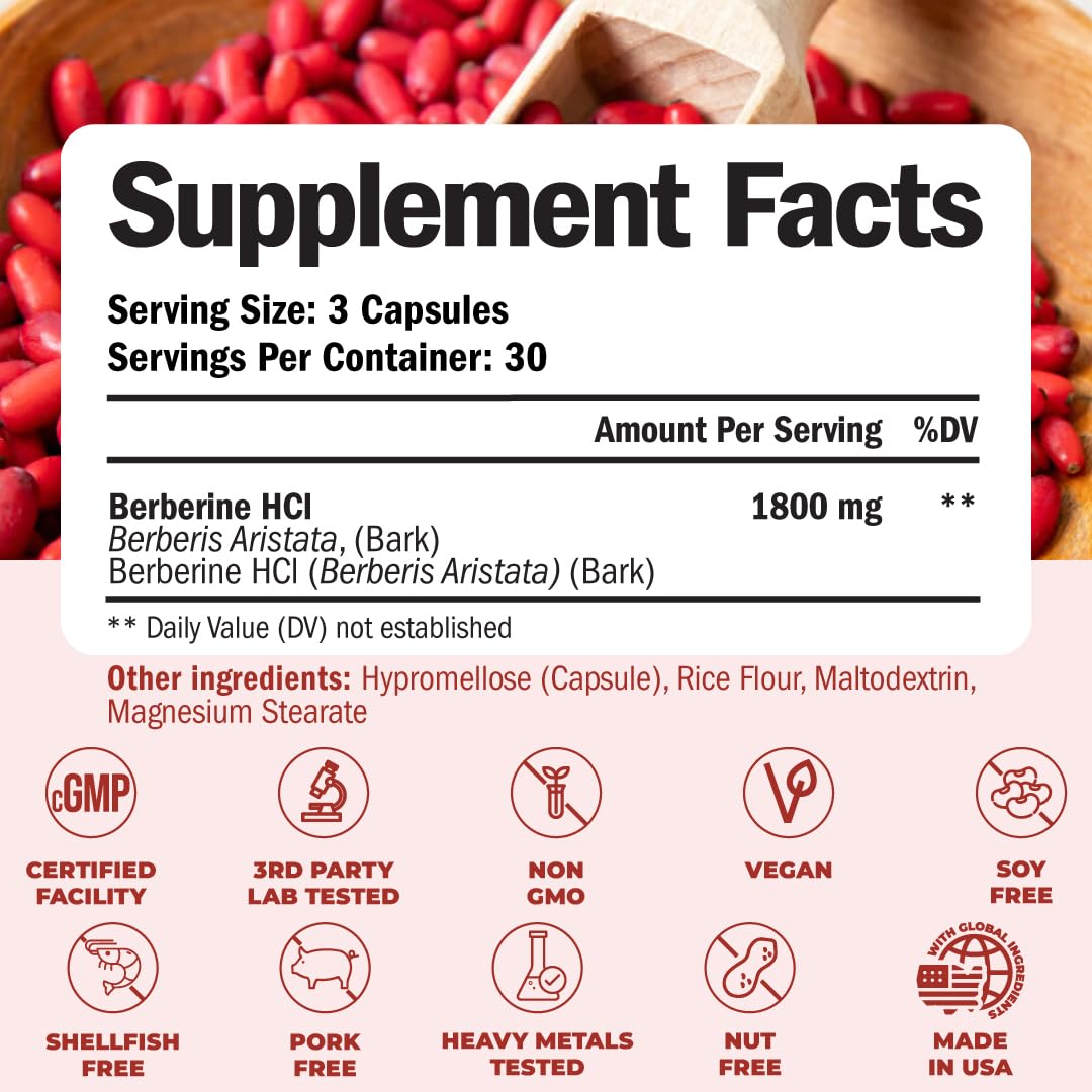 Close-up of Vimerson Health Berberine label highlighting vegan, non-GMO formula.