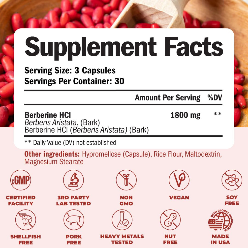 Close-up of Vimerson Health Berberine label highlighting vegan, non-GMO formula.