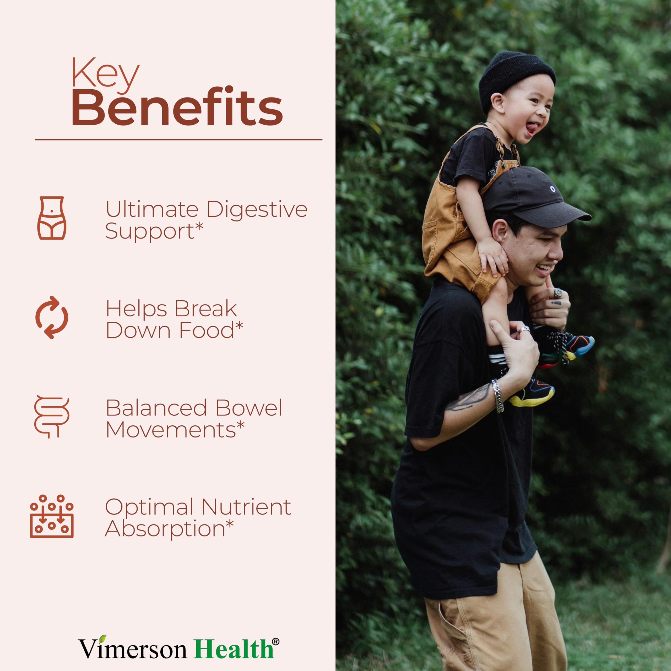 Vimerson Health Digestive Enzymes bottle back with key ingredients and usage notes.