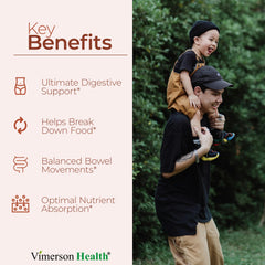 Vimerson Health Digestive Enzymes bottle back with key ingredients and usage notes.