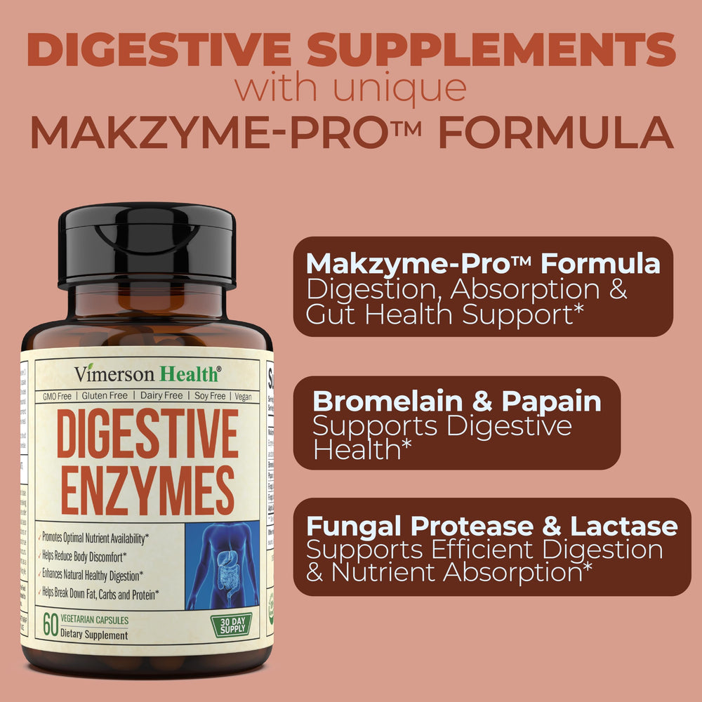 Vimerson Health Digestive Enzymes bottle pour demonstrating easy daily dosage on the go.
