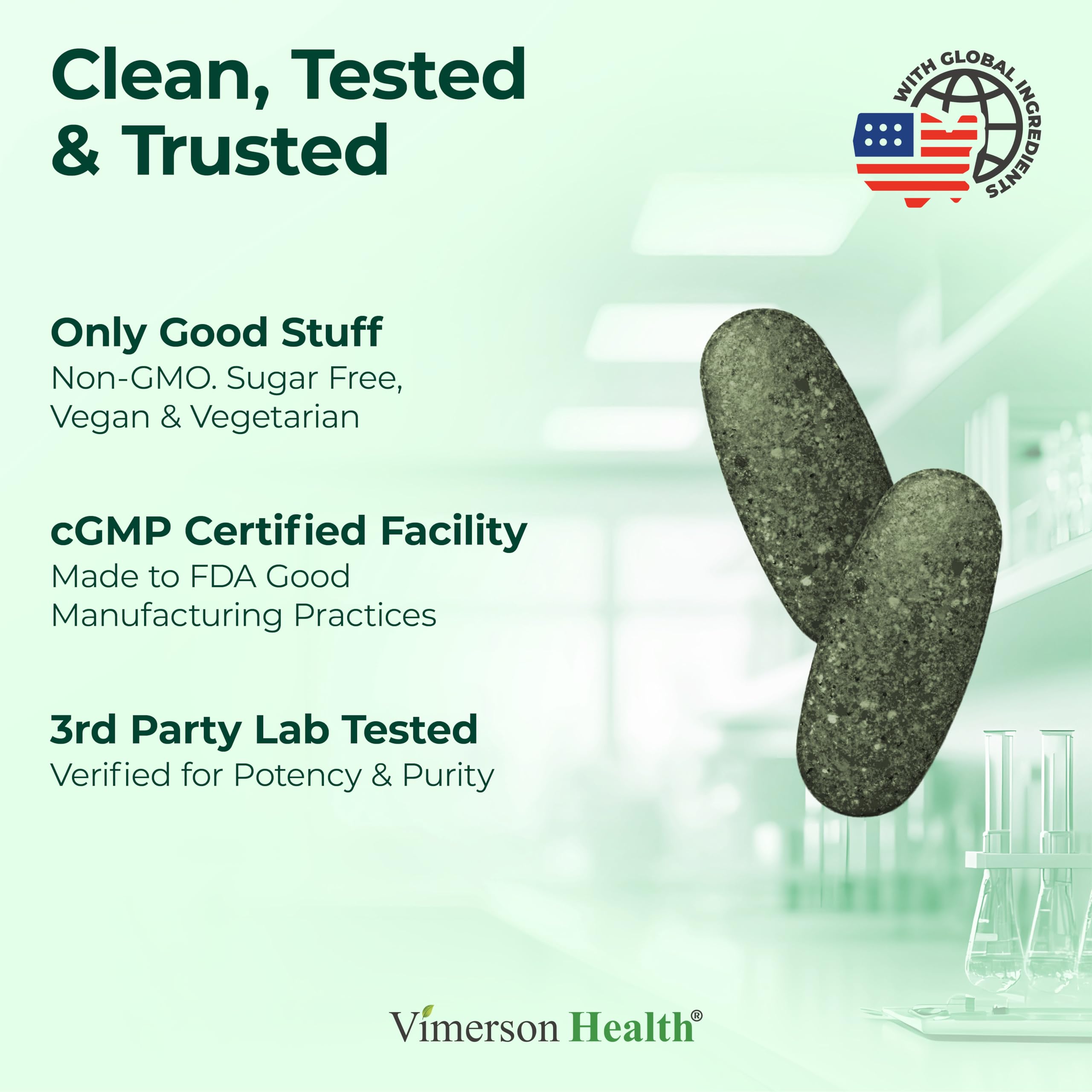 Graphic highlighting Vimerson Health ingredients like spirulina and garlic for antioxidants