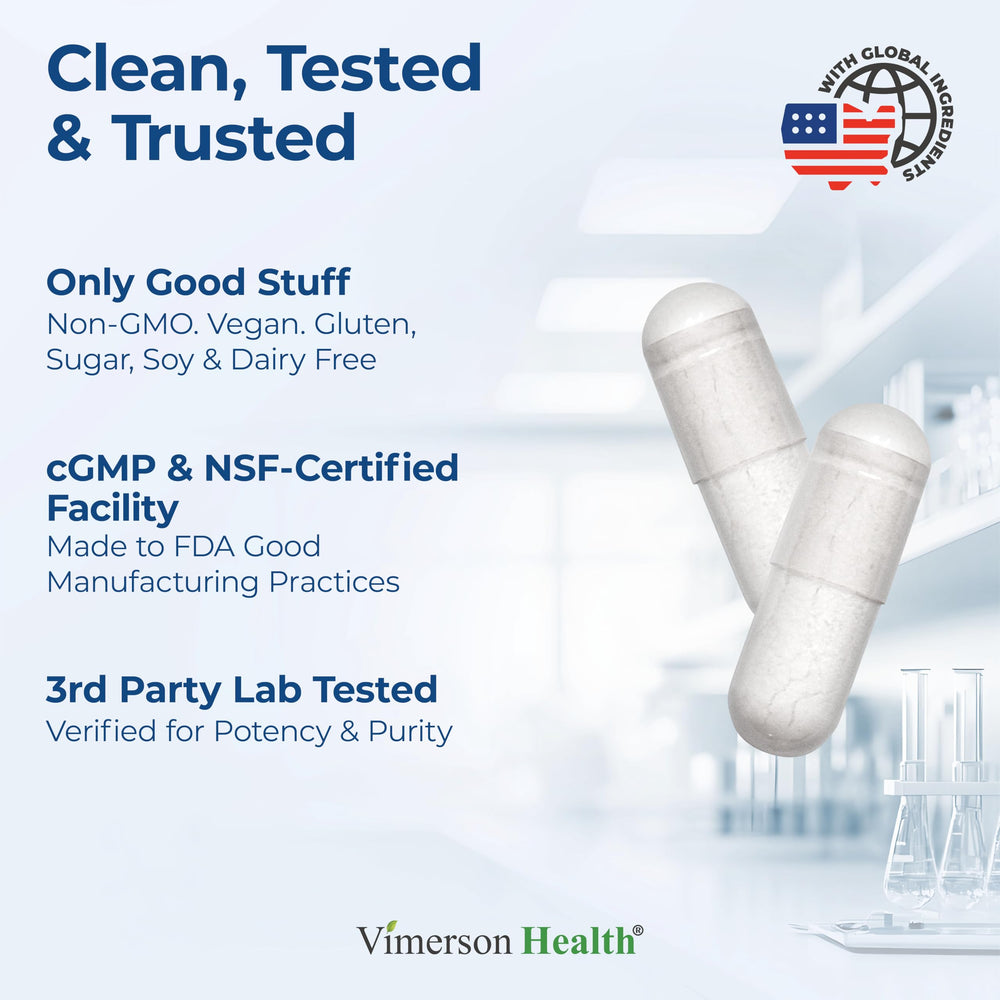 Vimerson Health label details emphasize vegan, non-GMO and allergen-friendly features.