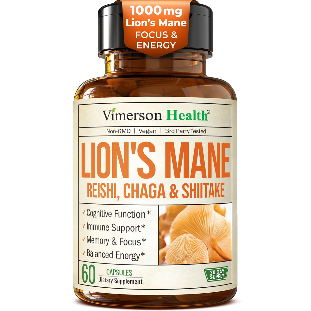 Vimerson Health Lions Mane capsules bottle front signaling focus and mood support