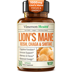 Vimerson Health Lions Mane capsules bottle front signaling focus and mood support