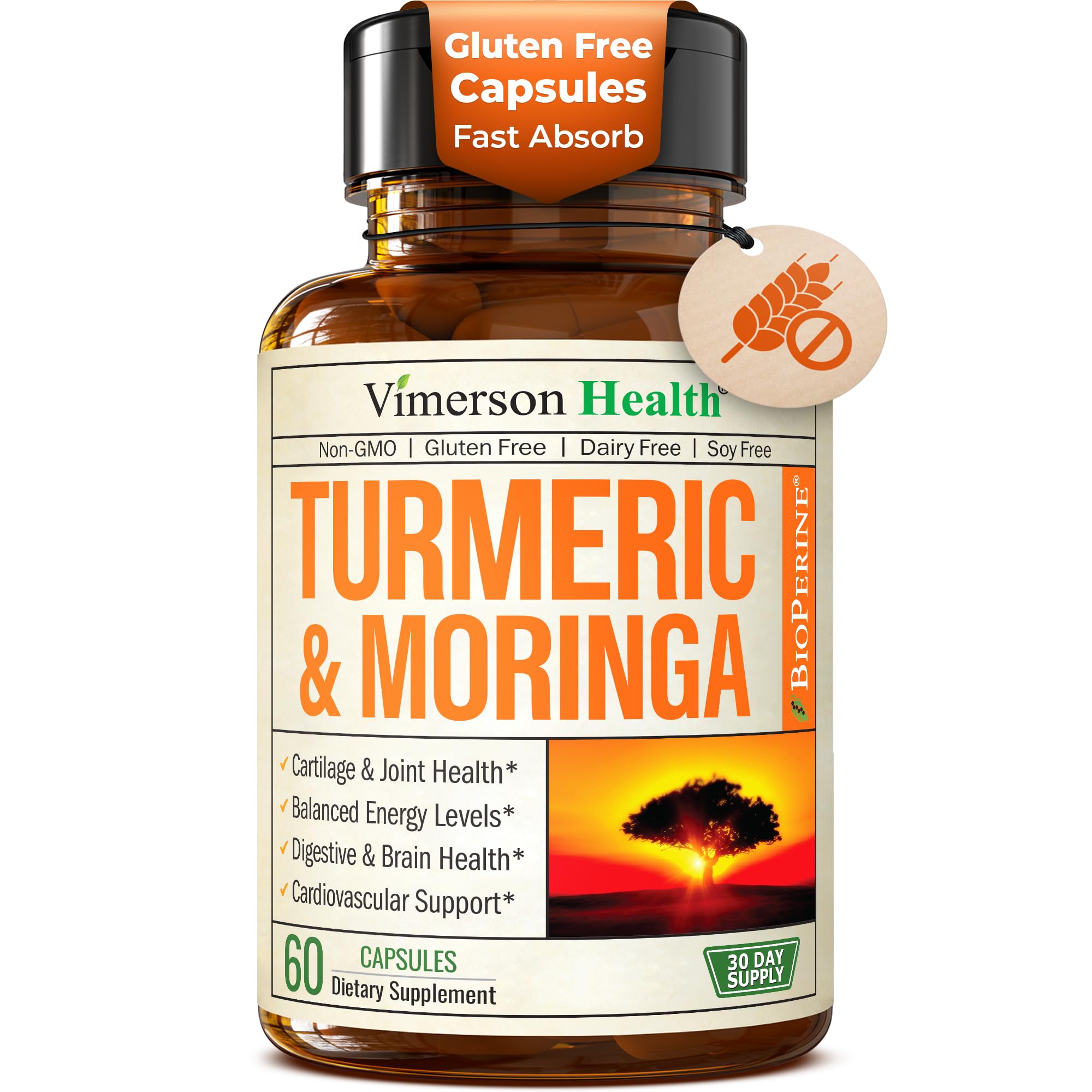Vimerson Health Moringa Turmeric capsules bottle closeup suggesting joint support and daily wellness.