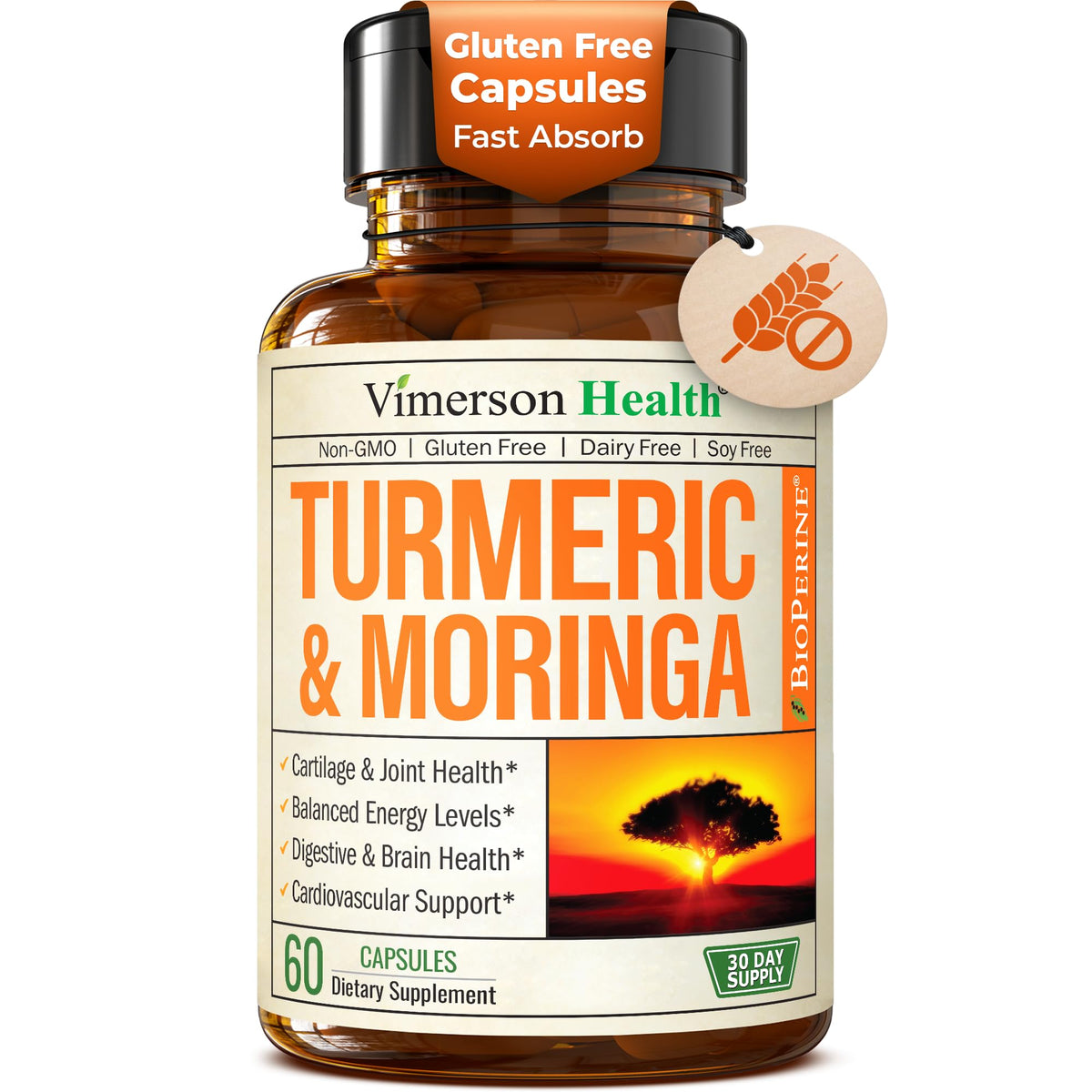 Vimerson Health Moringa Turmeric capsules bottle closeup suggesting joint support and daily wellness.