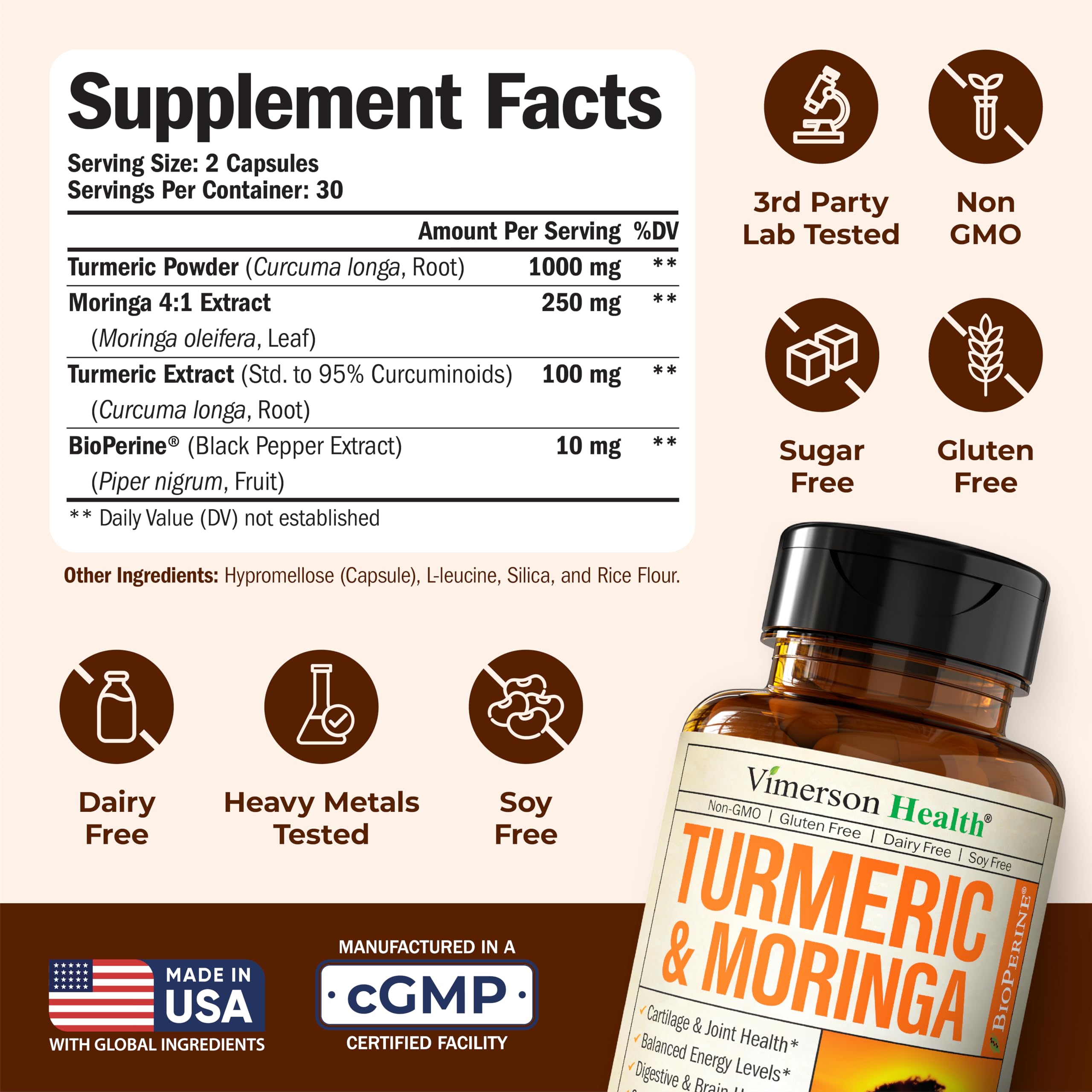 Label detail of Vimerson Health Moringa Turmeric capsules highlighting BioPerine for absorption.
