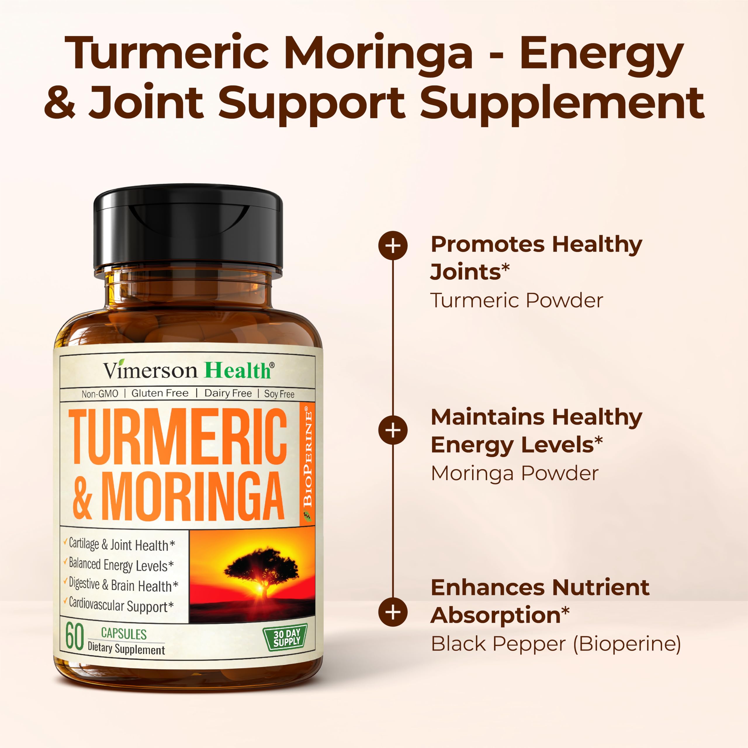 Vimerson Health Moringa Turmeric capsules on a shelf displaying vegan, gluten-free attributes.
