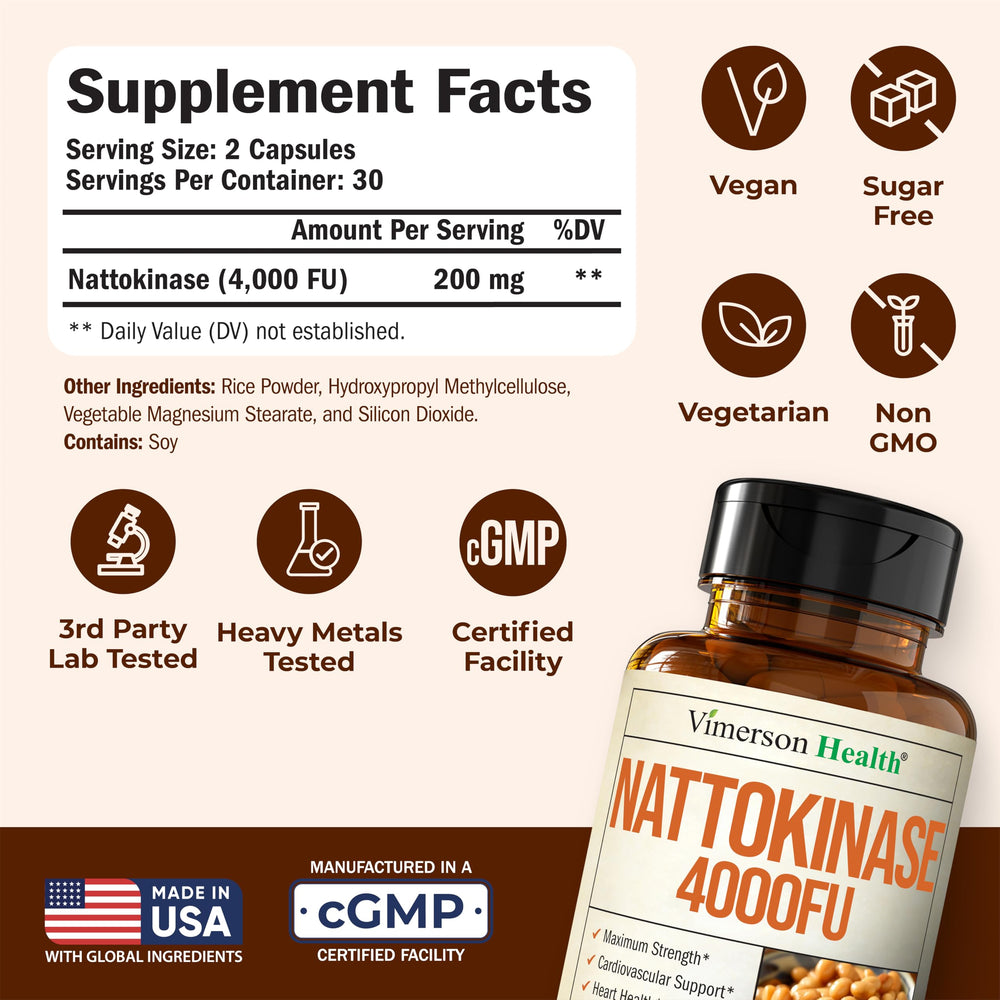 Label of Vimerson Health nattokinase highlights potency and ingredients.