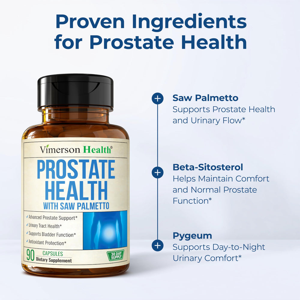Vimerson Health Prostate saw palmetto and plant sterols ingredients highlighted.