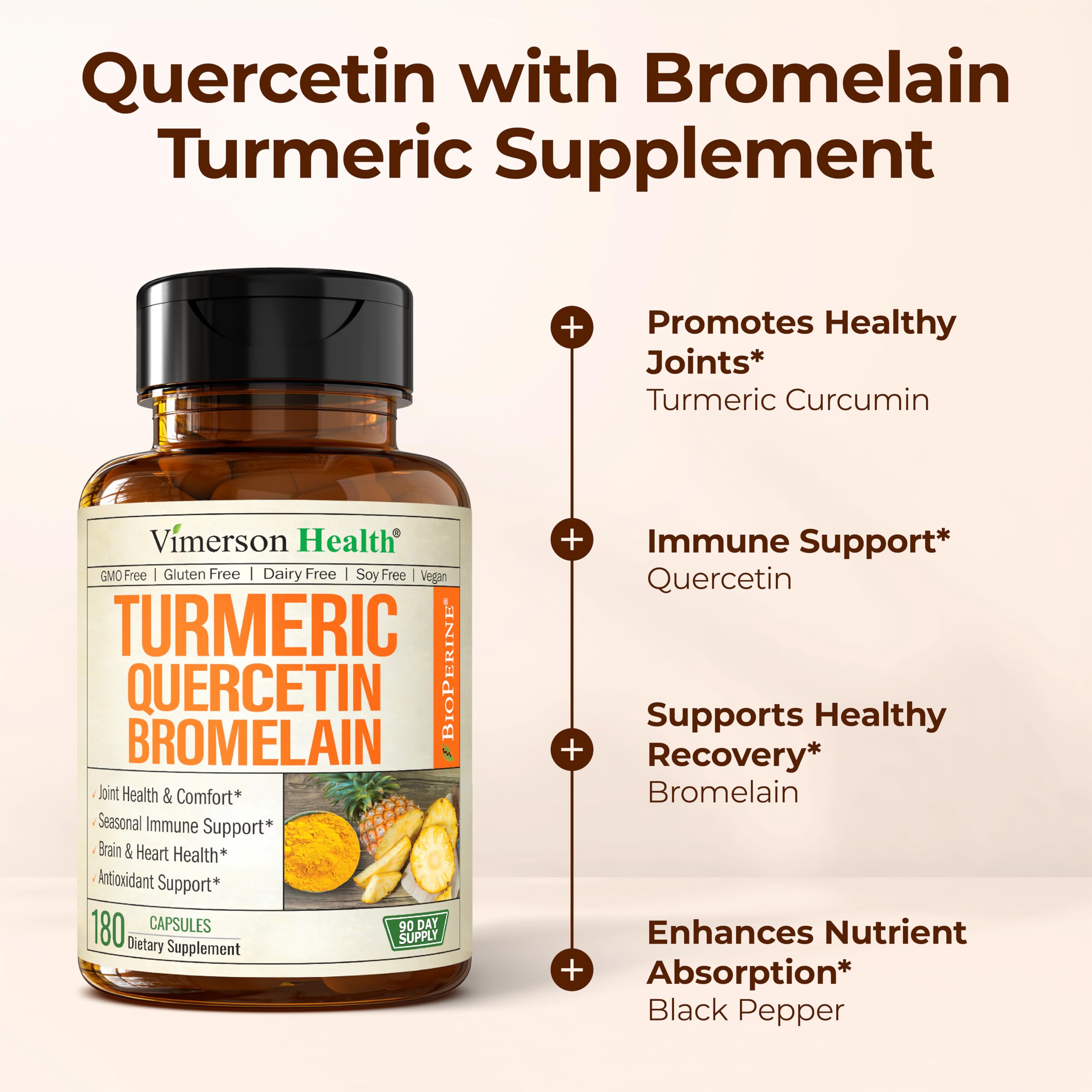 Vimerson Health Quercetin with Bromelain Turmeric bottle dispense demonstrates convenient daily use.