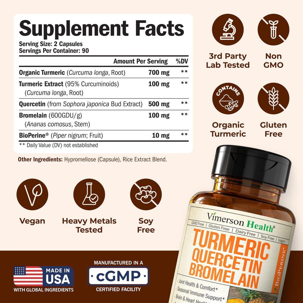 Vimerson Health Quercetin with Bromelain Turmeric capsules image emphasizes daily wellness support.