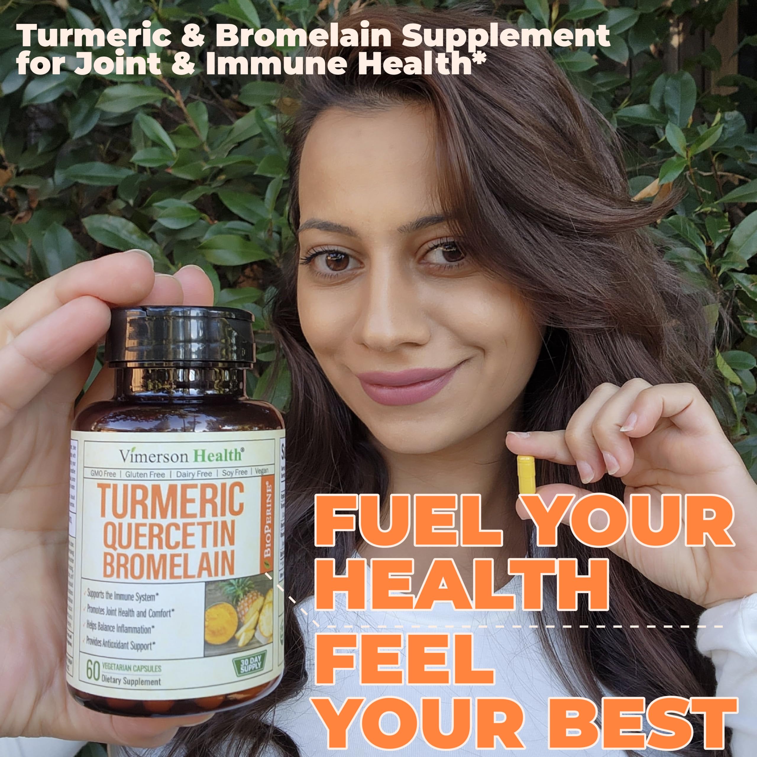 Vimerson Health Quercetin with Bromelain Turmeric ingredients scene hints at bioavailable formula.