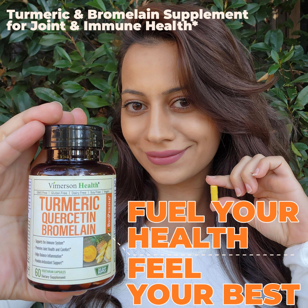 Vimerson Health Quercetin with Bromelain Turmeric ingredients scene hints at bioavailable formula.
