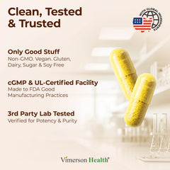 Vimerson Health Quercetin with Bromelain Turmeric label closeup highlights clean, plant-based ingredients.