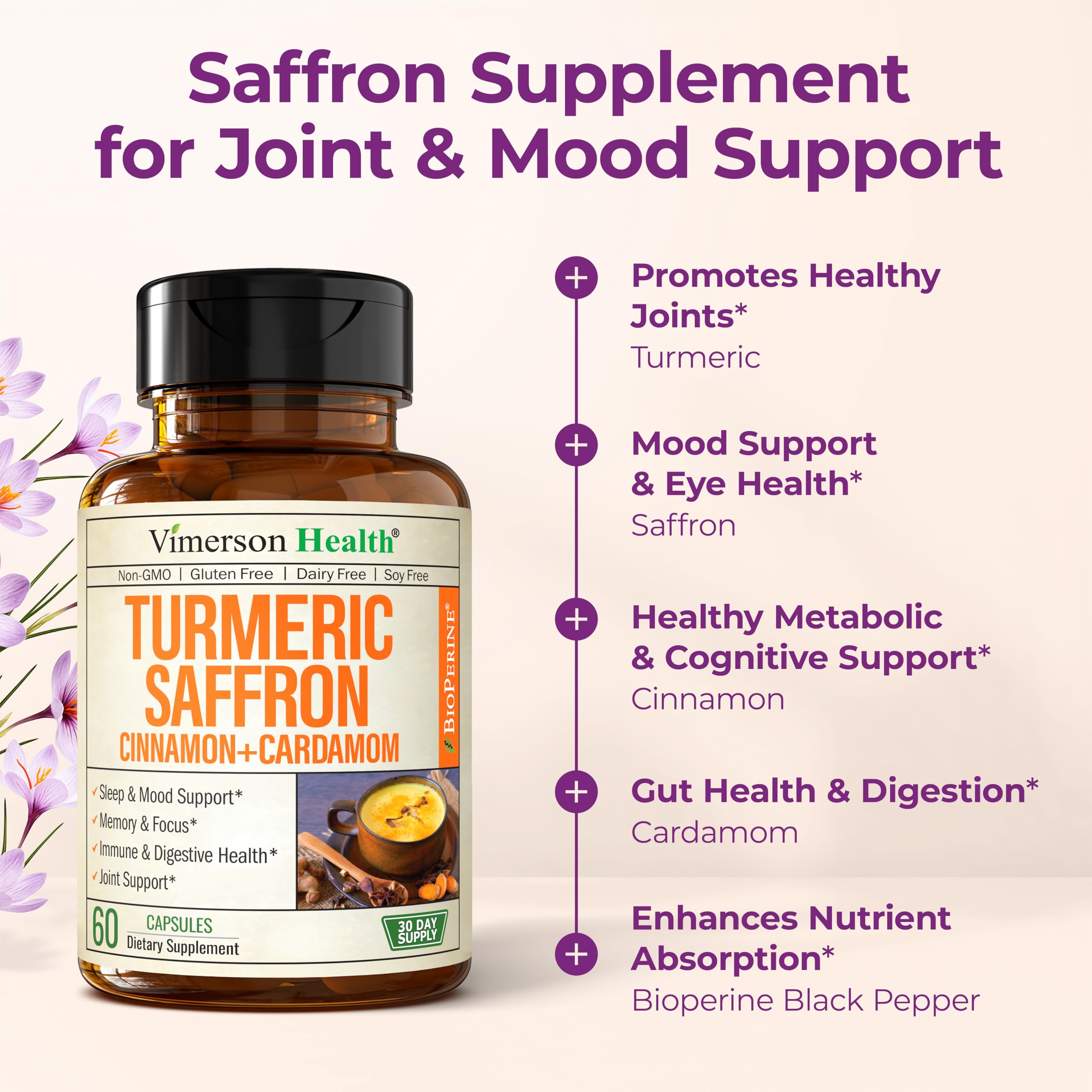 Vimerson Health saffron label close-up with ingredient highlights.