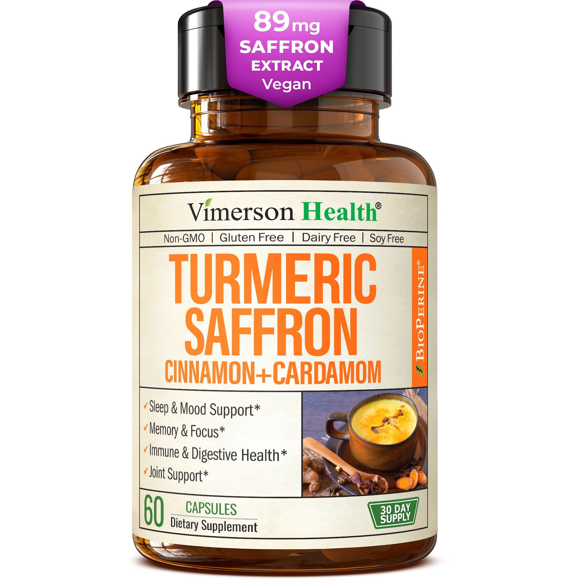 Vimerson Health saffron supplements bottle front highlighting saffron extract and turmeric blend for daily wellness