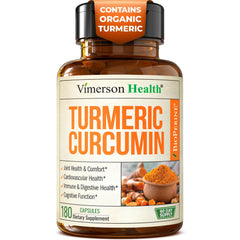 Vimerson Health Turmeric Curcumin bottle label highlights potency and 95% curcuminoids.